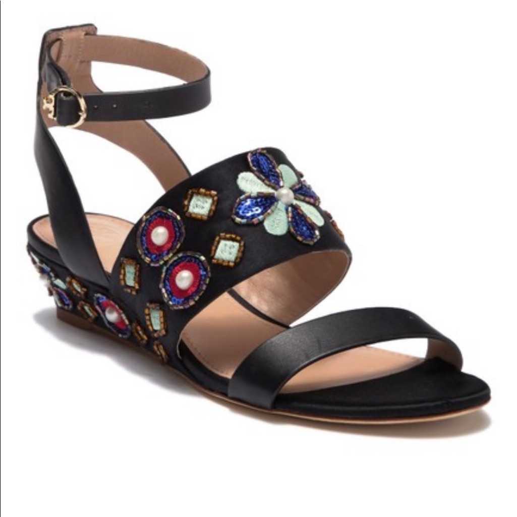 Tory Burch Estella Crystal Embellished Leather Wedge Sandals